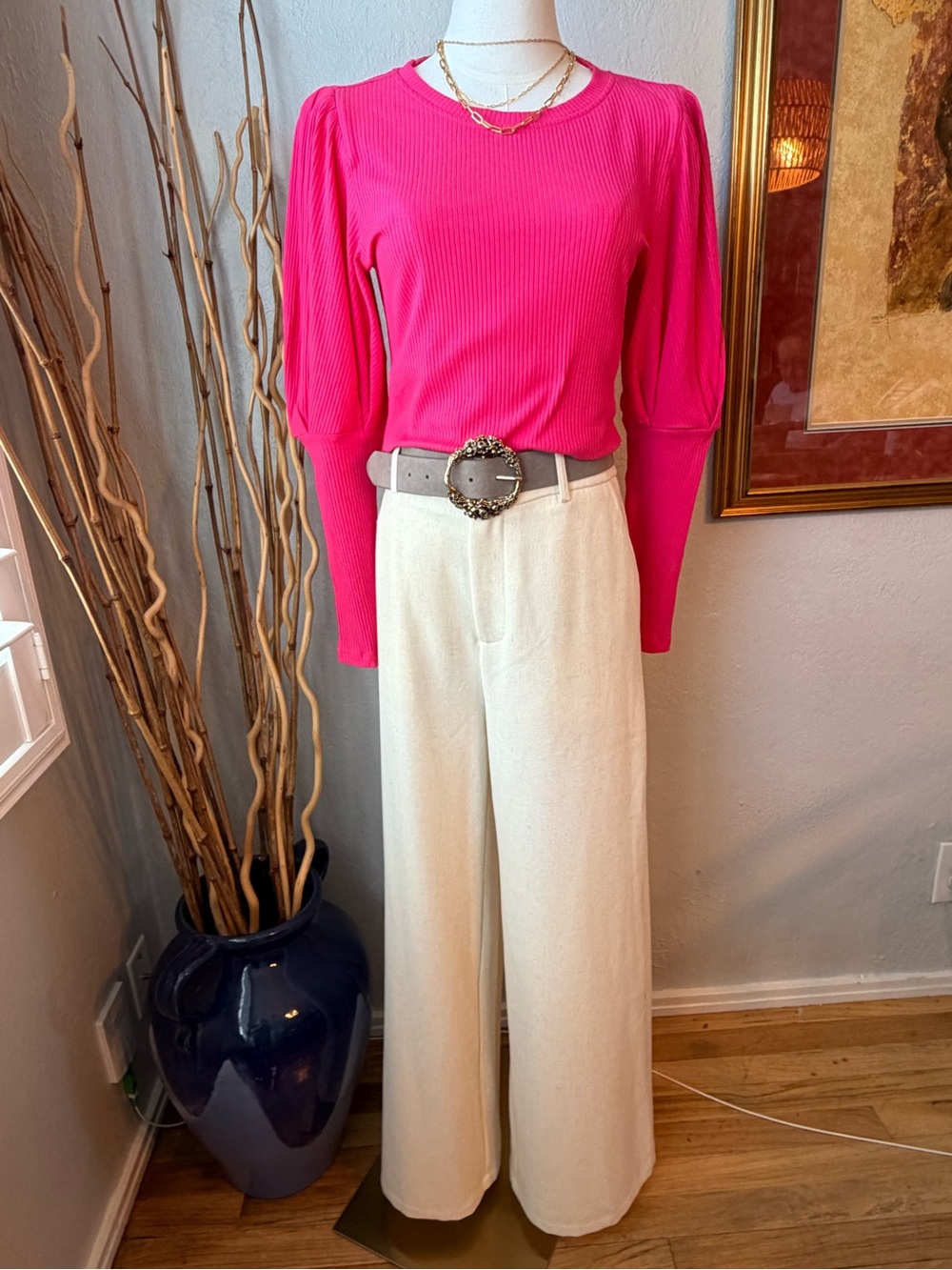86~ Sugarlips Hot Pink Ribbed Puff-Sleeve Top XS